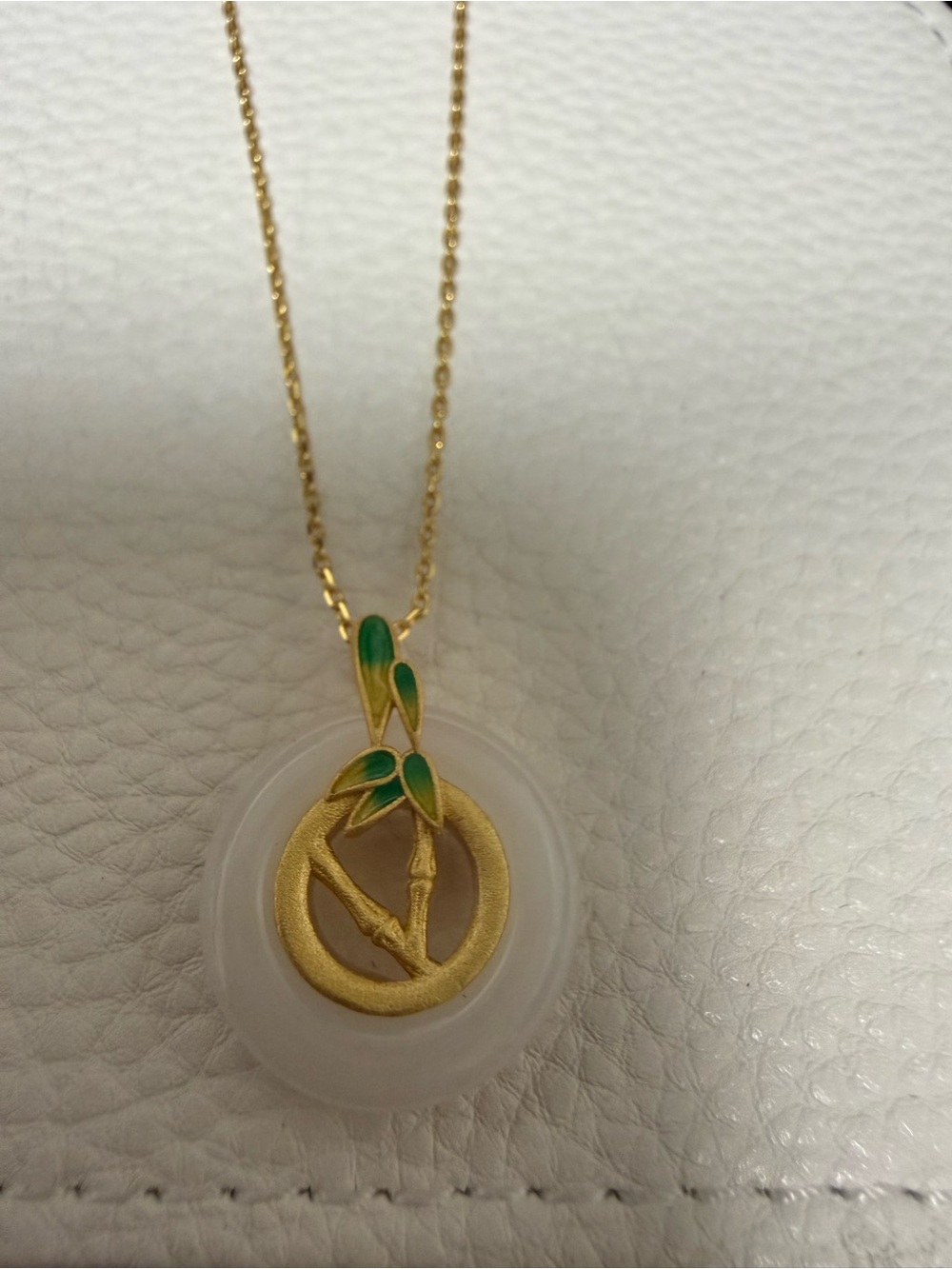 18K Gold-Plated over Sterling Bamboo Pendant Necklace with Green Enamel Leaves